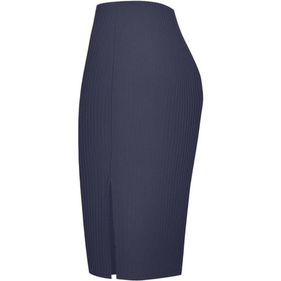 Women's High Waist Stretch Ribbed Knit Pencil Skirt Navy Blue - Picture 2 of 5